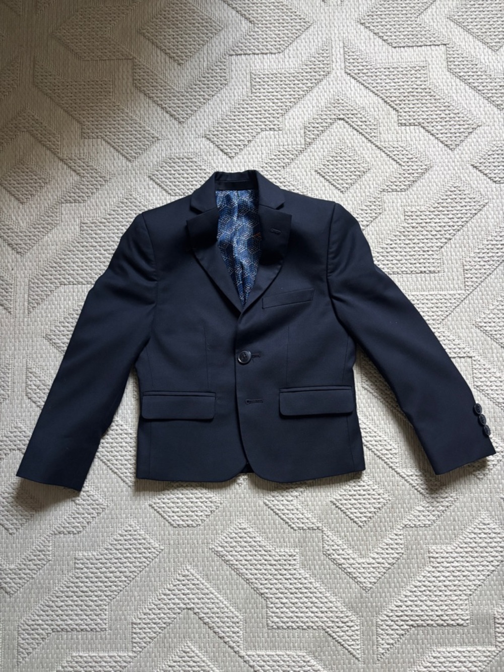 TALLIA Kids Navy Blazer with Blue Geometric Lining and Orange Trim